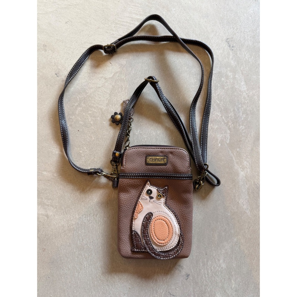 Chala Handbags Brown Vegan Leather Calico Cat Crossbody Cell Phone Purse‎ Bag